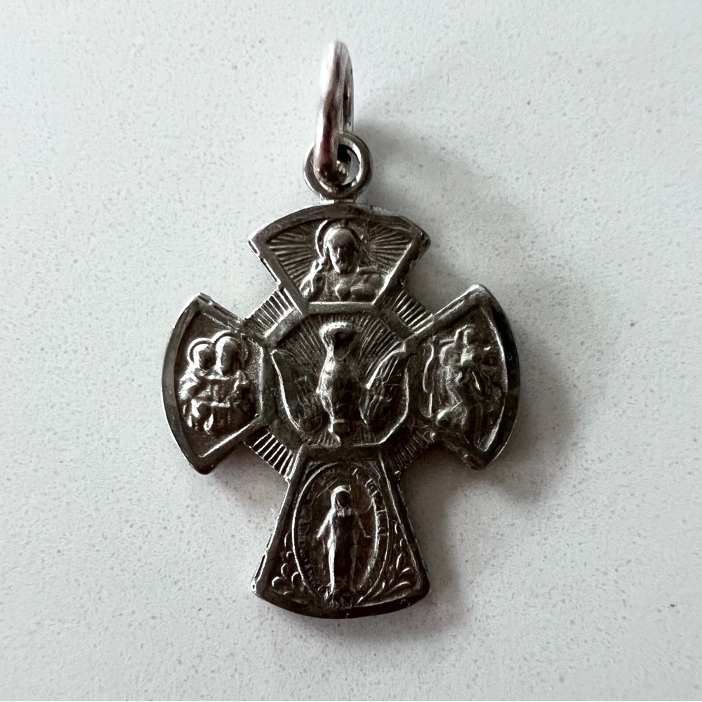 Vintage Catholic Scapular Sterling Silver Father Son Holy Ghost Dove Cross - Picture 2 of 4